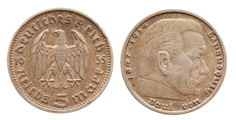 Germany - circa 1935: a 5 reichsmark coin of Germany with the cote of arm eagle and a portrait of the Field Marshal and politician and Reich President Paul von Hindenburg.