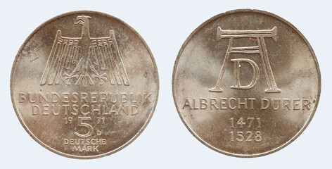 5 Deutsche Mark coin of the Federal Republic of Germany with the cote of arm eagle and the initials...