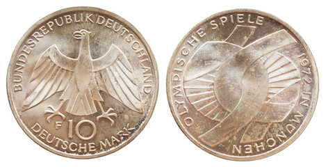 Germany - circa 1982: a 10 Deutsche Mark coin of the Federal Republic of Germany with the cote of arm eagle and a symbol of the olympic games in Munich Germany in 1982