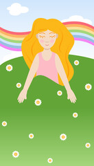Obraz na płótnie Canvas girl sleep character women rest relax smile happy sky clouds rainbow green grass meadow