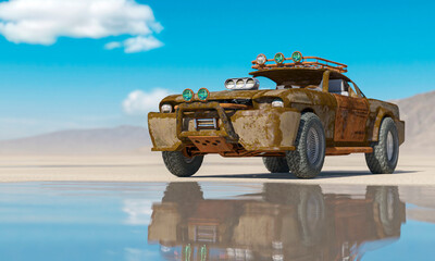 rusty vehicle on the desert after rain side view with copy space