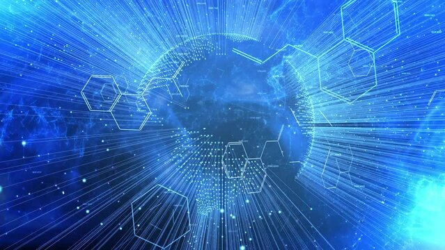 Chemical molecules animation with digital earth globe planet cyberspace.