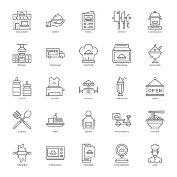Food and Restaurant icon pack for your website design, logo, app, UI. Food and Restaurant icon outline design. Vector graphics illustration and editable stroke.