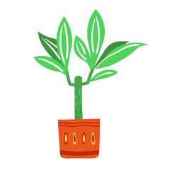 Vector illustration of decorative leafy houseplant in a ornamental ceramic flower pot