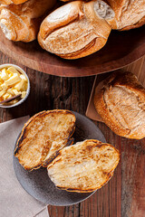 French bread cut in half and toasted with butter. Top view