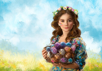 Easter illustration - girl with a basket of painted eggs
