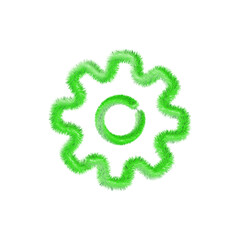 Gear icon with grass. Sustainable symbol. Green and clean industry icon. Editable creative template. Soft and realistic grass. Fluffy green isolated on white background.