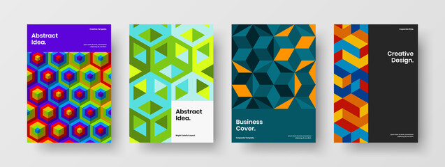 Unique geometric pattern flyer concept composition. Colorful annual report vector design template set.