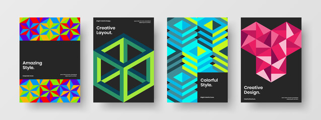 Vivid magazine cover A4 design vector illustration collection. Colorful geometric pattern leaflet concept composition.