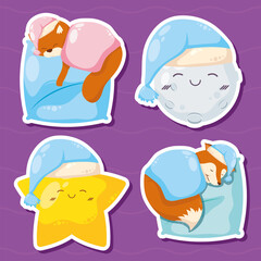 four cute characters sleeping