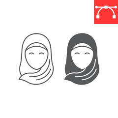 Woman wearing hijab line and glyph icon, clothes and Arabic woman, Muslim woman vector icon, vector graphics, editable stroke outline sign, eps 10.