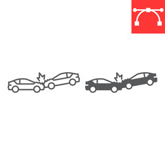 Car crash line and glyph icon, insurance and collision, two cars accident vector icon, vector graphics, editable stroke outline sign, eps 10.
