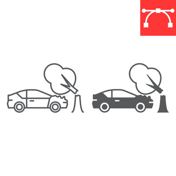 Tree Falling On Car Line And Glyph Icon, Insurance And Crash, Tree Falling On Vehicle Vector Icon, Vector Graphics, Editable Stroke Outline Sign, Eps 10.