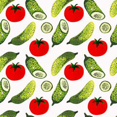 Seamless watercolor pattern of green cucumbers and red tomatoes.