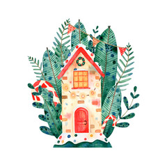 Hand-painted watercolor house. Cute illustration of a holiday home isolated on a white background. For packaging, clothing, fashion fabrics, home decor, backgrounds, postcards, scrapbooking, etc.
