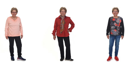 front view of same senior woman with various outfits on white background © Curto