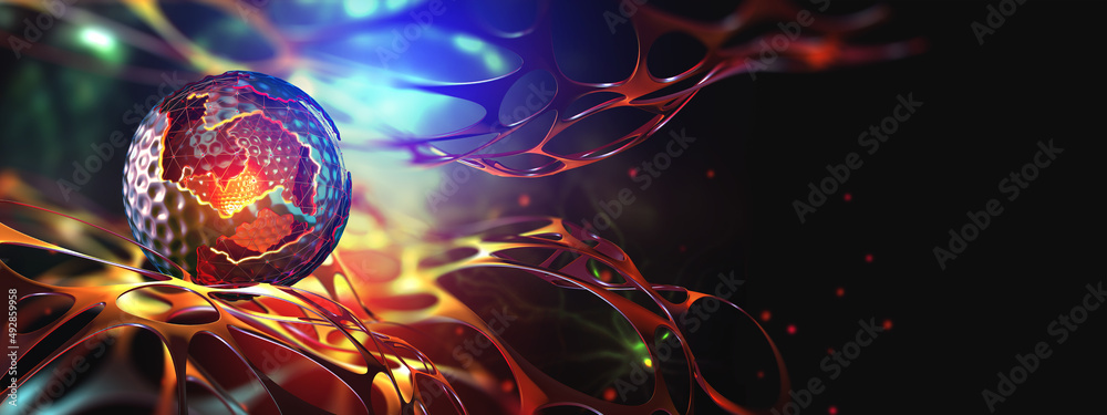 Poster Digital nanotechnology, neural network, futuristic cryptocurrency CPU processor. Artificial Intelligence Data Analysts. Future processor. Quantum CPU in nanotech computer network 3D illustration