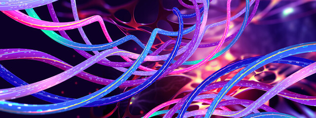 Gene modifications and digital medicine. Research distance learning. Synthetic DNA helix and biological code. 3D illustration of twisted data streams in a synthetic carbon structure - obrazy, fototapety, plakaty