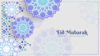 Eid al Fitr greeting card banner with beautiful flowers decoration on the white background. Islamic celebration template with Arabic ornament and mandala. Bright abstract background