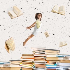 Well-read child. Contemporary collage of little girl jumping over stack of books