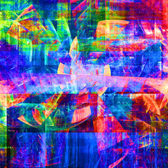 Creación de arte psicodélico digital compuesto de trazos curvos y rectos aglomerados formando algo parecido a una superposición de placas aleatorias coloridas.