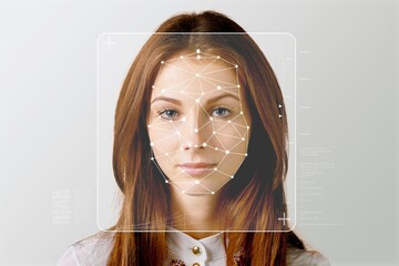 Serious business woman and smart technology for face recognition, double exposure. Biometric...