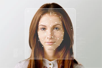 Foto op Canvas Serious business woman and smart technology for face recognition, double exposure. Biometric identification, futuristic cyber security, scanning and facial detection © BillionPhotos.com