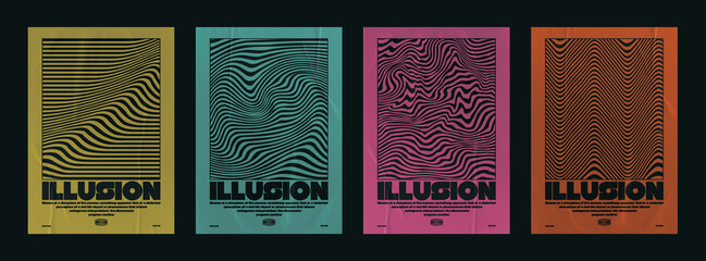 Collection of modern minimalistic abstract posters with optical illusion. Multicolored poster with paper texture