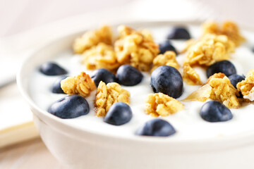 Yogurt with granola, nuts and blueberries in a ceramic plate.
