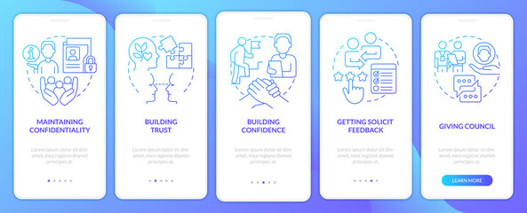 HR communicative skills blue gradient onboarding mobile app screen. Walkthrough 5 steps graphic instructions pages with linear concepts. UI, UX, GUI template. Myriad Pro-Bold, Regular fonts used