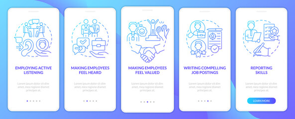 HR professional skills blue gradient onboarding mobile app screen. Walkthrough 5 steps graphic instructions pages with linear concepts. UI, UX, GUI template. Myriad Pro-Bold, Regular fonts used