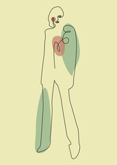 The figure of a standing woman in one line on a colored background. Minimalistic style. Vector illustration. For posters, packaging, fashion illustration