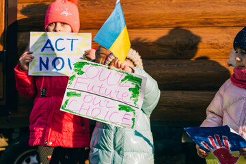 Small girls in protest against the war in Ukraine