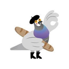 Cute hand drawn city pigeon dressed like French mime, holding a baguette and showing ok sign with wing. Flat style isolated vector illustration