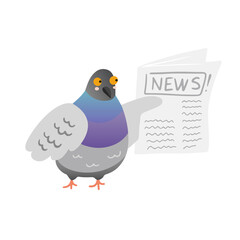Cute hand drawn chubby pigeon holding and showing a newspaper. Flat style isolated vector illustration