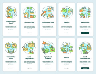 Naklejka premium Food security onboarding mobile app screen set. Problems walkthrough 5 steps graphic instructions pages with linear concepts. UI, UX, GUI template. Myriad Pro-Bold, Regular fonts used