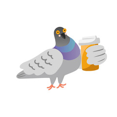 Cute hand drawn pigeon holding a takeaway coffee cup. Concept of a city person. Flat style isolated vector illustration