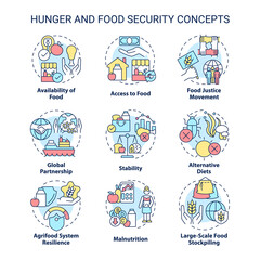 Hunger and food security concept icons set. Food availability and accessibility idea thin line color illustrations. Isolated symbols. Editable stroke. Roboto-Medium, Myriad Pro-Bold fonts used