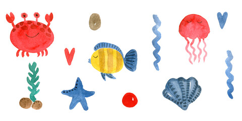 Watercolor set of marine world, funny fish, shells, clams.