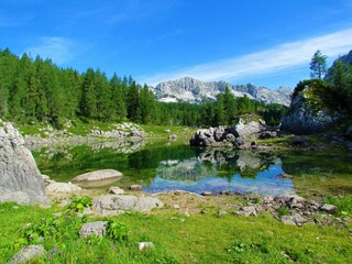 Double lake in Triglav lakes valley or Seven lakes valley in Triglav national park and Julian alps in Gorenjska region of Slovenia