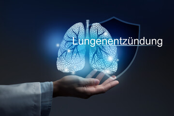 Medical banner Pneumonia with german translation Lungenentzündung on blue background with large...