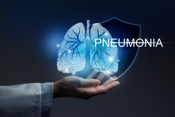 Medical banner Pneumonia on blue background with large copy space