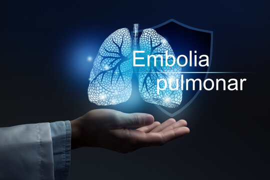 Medical banner Pulmonary Embolism with spanish translation Embolia pulmonar on blue background with large copy space