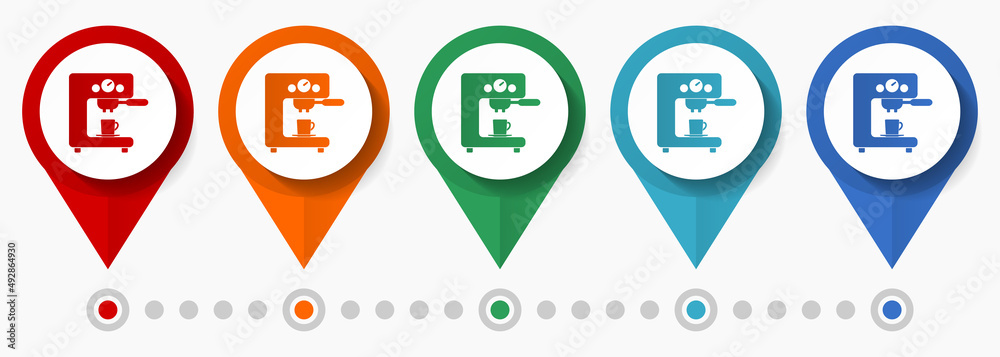 Aufkleber coffee machine concept vector icon set, flat design cafe pointers, infographic template easy to edit