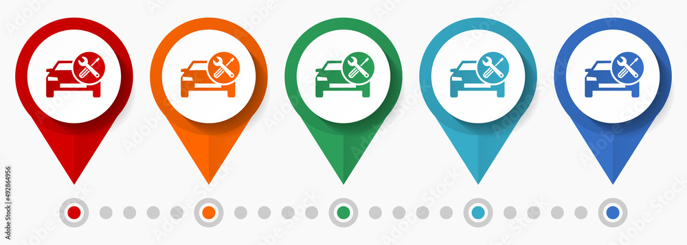 Aufkleber workshop concept vector icon set, flat design car service pointers, infographic template easy to edi