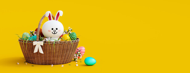 White bunny with wooden basket full of colorful eggs on yellow Easter background 3D Rendering, 3D...