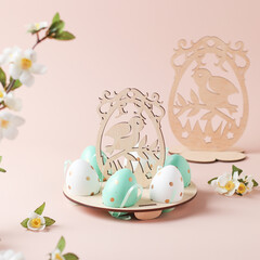easter decor . symbols bird with colorful eggs on pink background