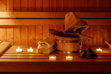 Wooden bucket with spoon, sauna hat, towels and candle light on bench.