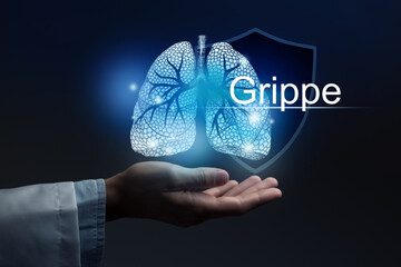 Medical banner Influenza with german translation Grippe on blue background with large copy space