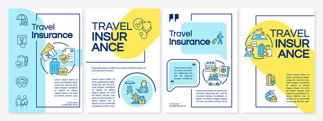 Travel insurance turquoise blue and yellow template. Tourist coverage. Leaflet design with linear icons. 4 vector layouts for presentation, annual reports. Questrial, Regular fonts used